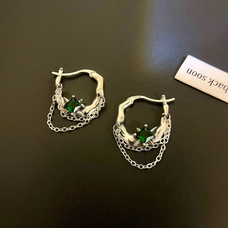 Emerald Zirconia Rantai Rumbai Thai Silver Ear Buckle Earrings Untuk Wanita Gadis Manis Fashion Retro Baru Perhiasan Hadiah Pesta