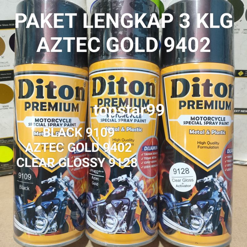 Diton Premium Paket Lengkap 3 Kaleng 400cc Emas Xirallic Xiralic Aztec Gold 9402 Black 9109 Clear Glossy 9128 Pilox Pilok Cat Semprot Spray Paint