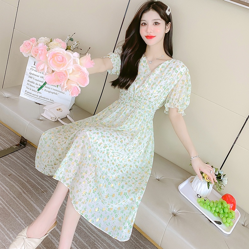 2022 New Fashion Korean Style Chiffon Green Floral Print Casual Party Midi Dress Summer Short Sleeve Women V-neck Dresses Wanita Putih 2023t