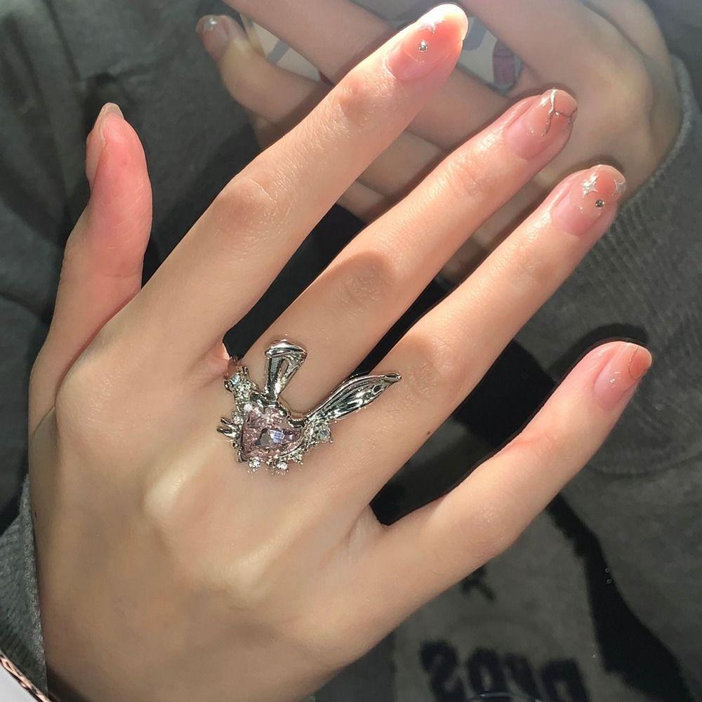 Mxbeauty Wanita Cincin Trendi Indah Menawan Desain Niche Hadiah Gadis Telinga Kelinci Manis Zirkon Hati Merah Muda Gaya Korea Ring