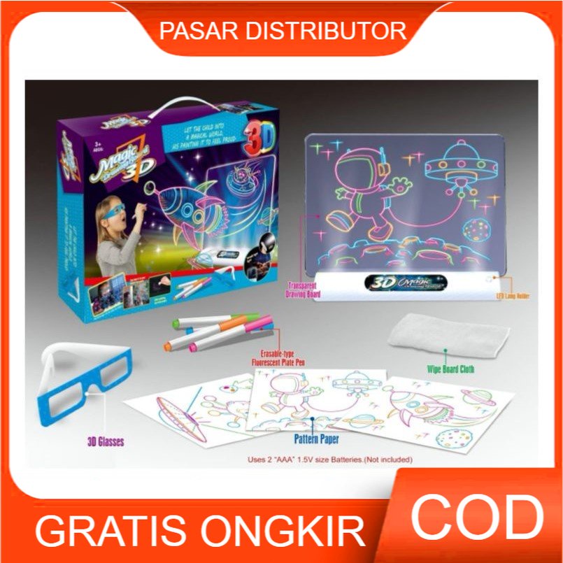 Mainan Anak 3D MAGIC DRAWING BOARD Papan Tulis Ajaib Lampu LED Drawing