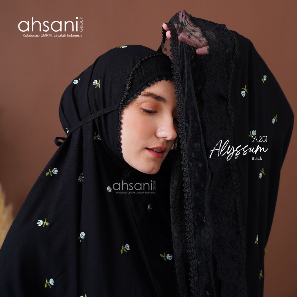 Mukena Ahsani Dewasa Allysum Black Size Jumbo Bahan Rayon Premium Bordir Bunga Timbul Renda Tile Premium Mukena Harian Adem Nyaman