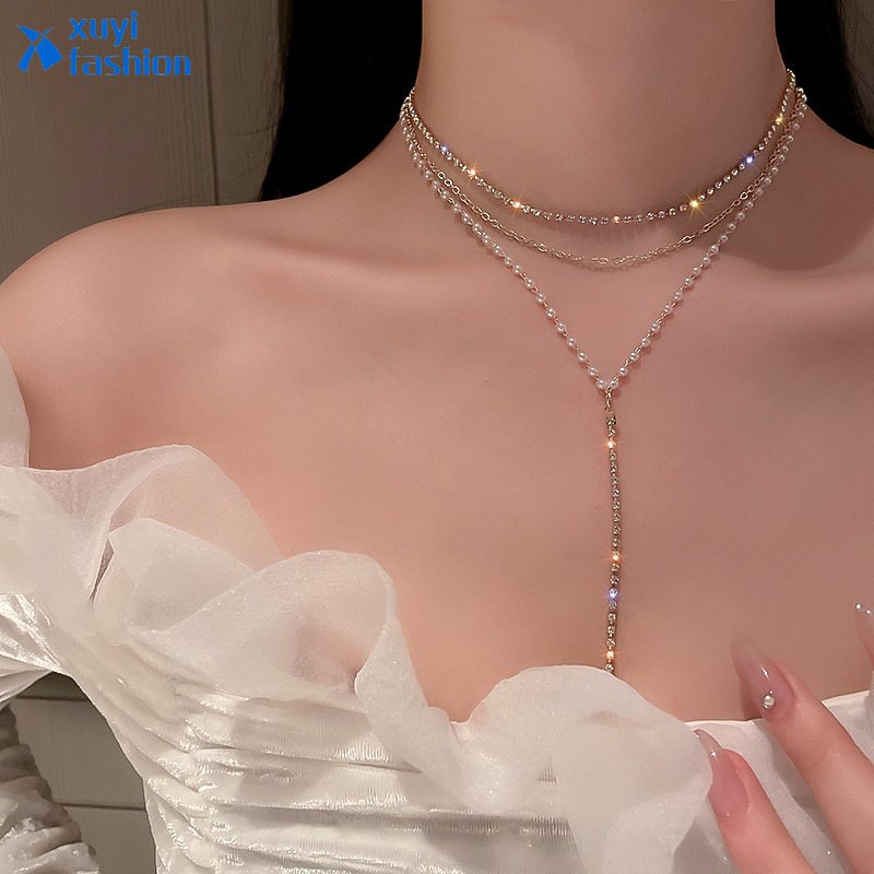 Korea Mutiara Kristal Multi-layer Kalung Sederhana Rumbai Emas Choker Perhiasan Aksesoris