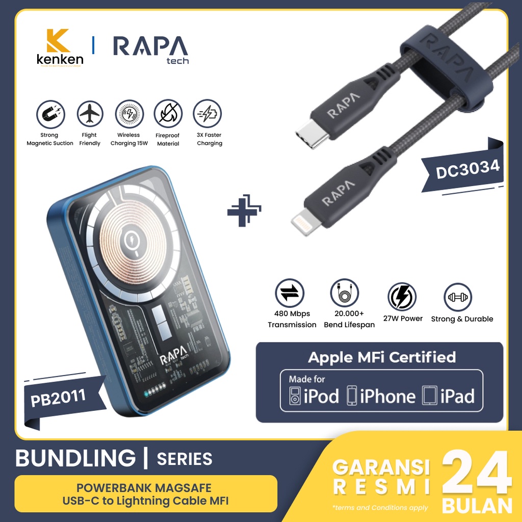 RAPAtech Powerbank Wireless 15W+PD20W & C to Lightning Line+ MFI 27W