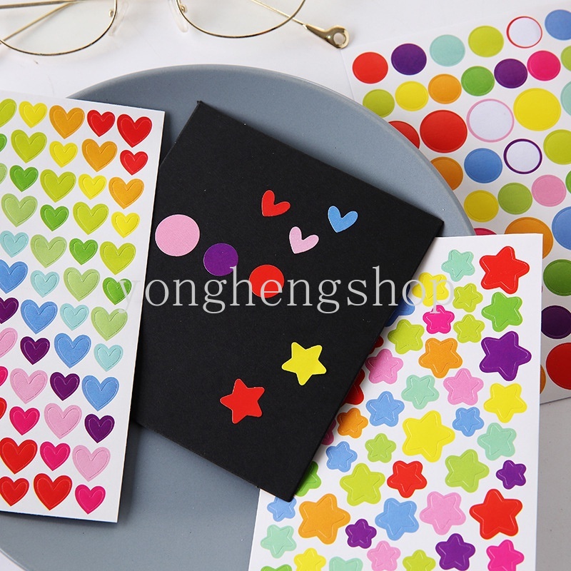 6pcs / set Stiker Kertas Bentuk Hati / Bintang / Titik Warna-Warni Untuk Dekorasi Buku Catatan / Diary / Album Foto