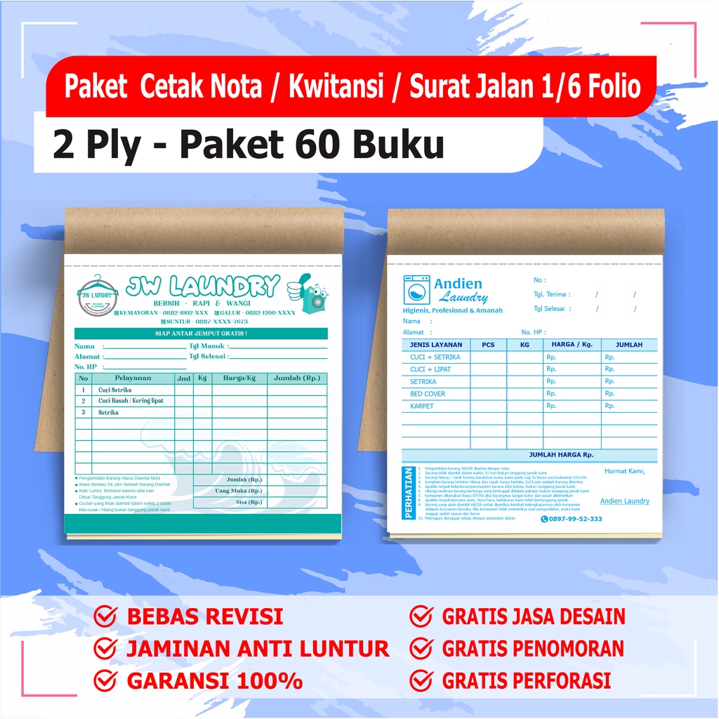 

cetak Nota custom 2 ply / Paket 60 buku 2 Rangkap ( 1 RIM ) nota custom surat jalan custom BEBAS DESAIN
