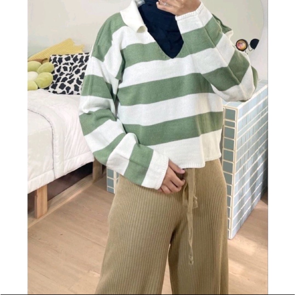 TOP WANITA / IKANAN STRIPE / KNIT RAJUT / LENGAN PANJANG / CROP / TERBARU