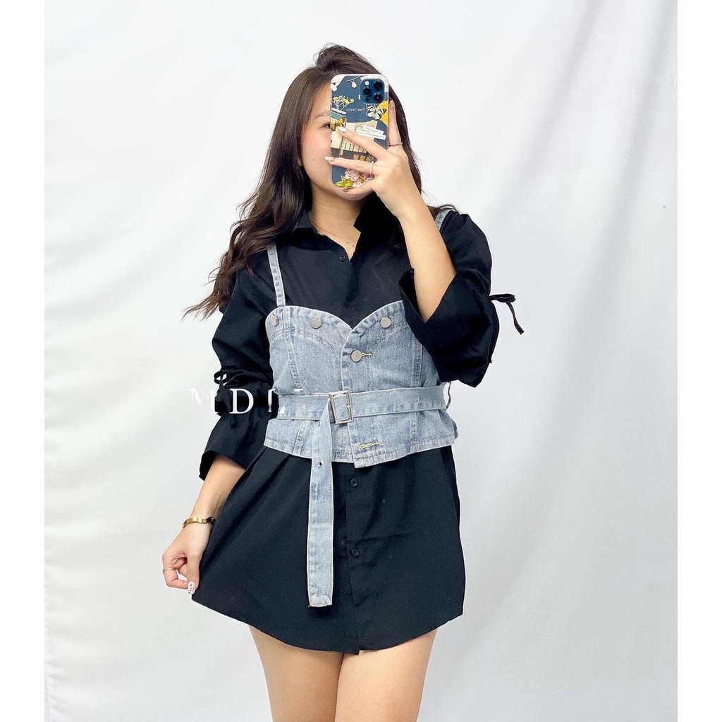 Set Wanita Vest dan Kemeja Denim Lengan Panjang Premium