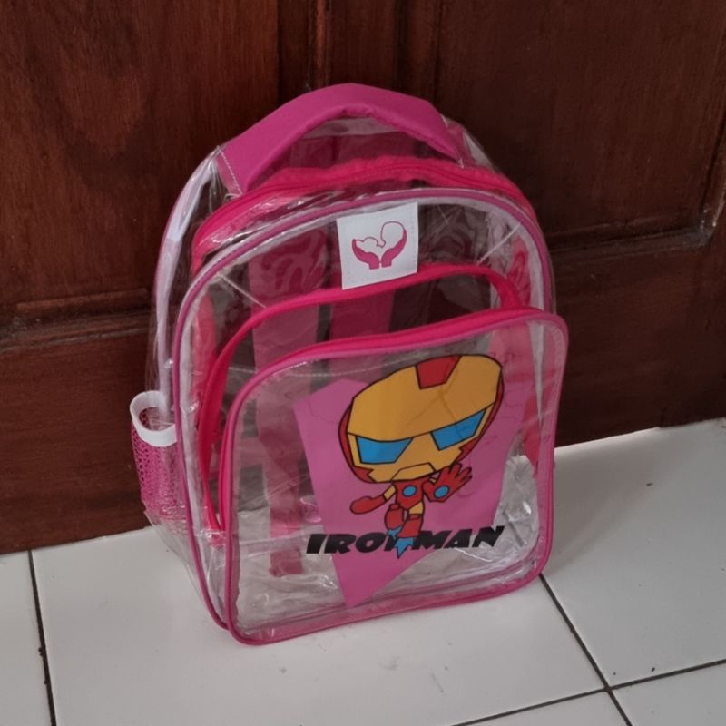 Hot Sale Tas Ransel Transparan PVC Karakter Iron-man Tas Sekolah TK,SD Anak Pria Wanita