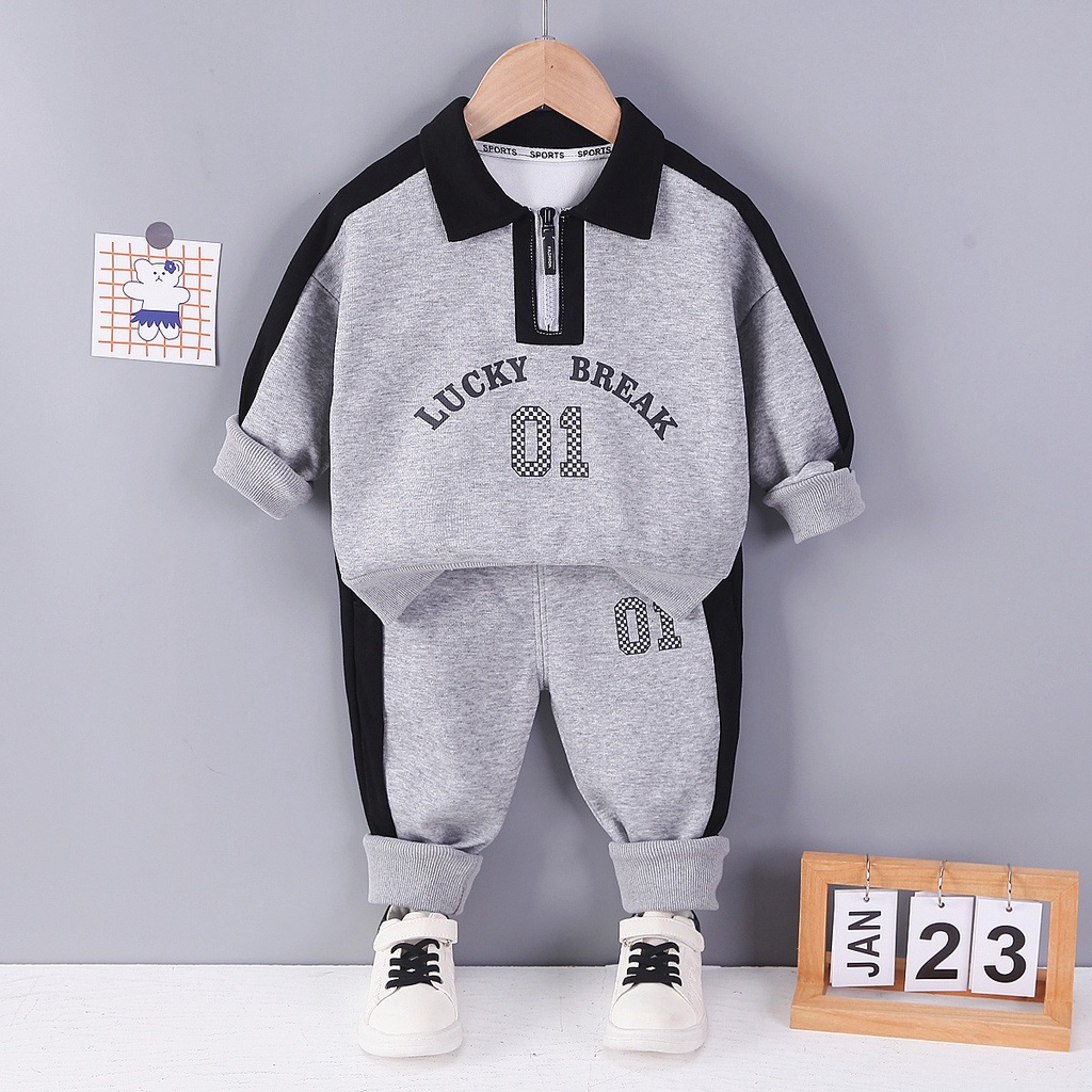 Setelan baju anak unisex MOTIF LUCKY grey &amp; black usia 6 bulan - 5 tahun / pakaian impor ala korea-babylovanta