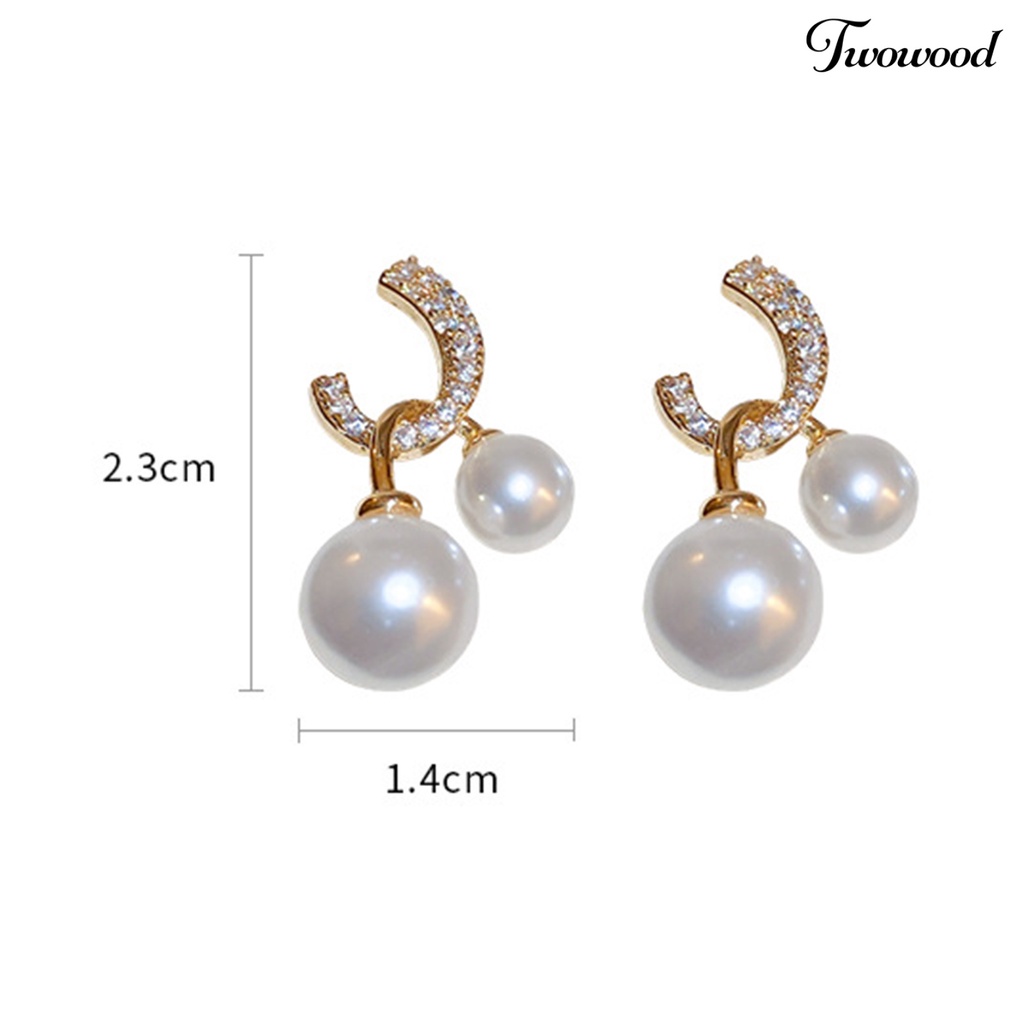 Twowood 1pasang Stud Earrings Dual Faux Pearls Dainty Golden Bling Berlian Imitasi Wanita Drop Earrings Fashion Perhiasan