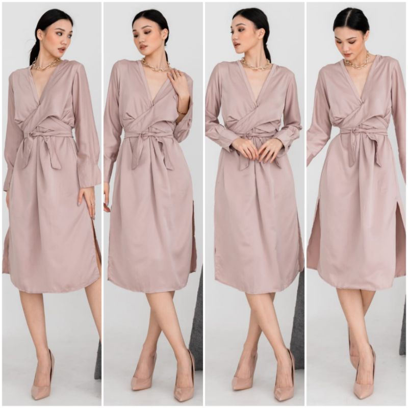 ⚡️CLEARANCE SALE ♡ PREMIUM ♡ REAL PIC ! SYELLAR TUNIK V-NECK MULTIWAYS OBI TIED LONG SLEEVE SLIT MIDI DRESS