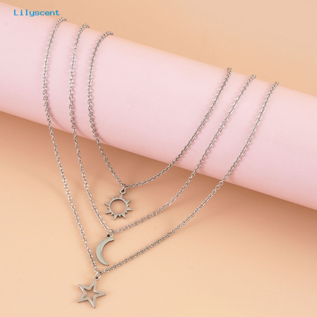 [LS] 3pcs Unisex Kalung Matahari Bulan Bintang Adjustable Perhiasan Indah Lucu Klavikula Kalung Untuk Pesta