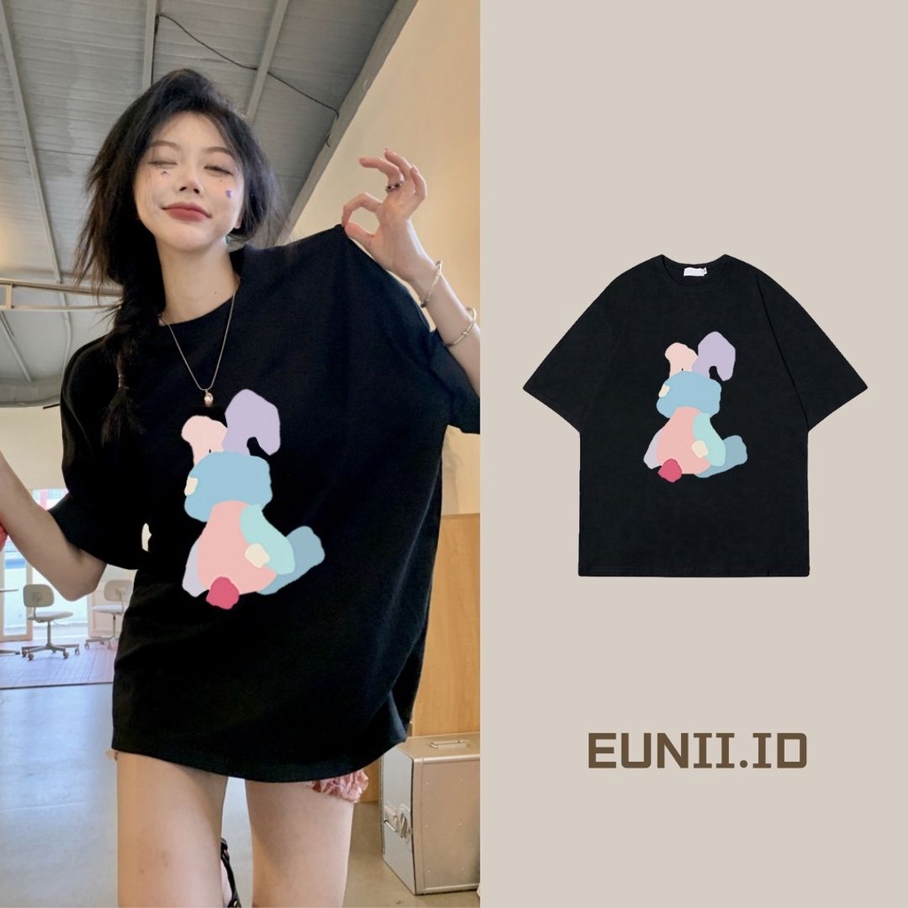 EUNII T-shirt Lengan Pendek Cartoon Colorful Bear Korean Style/Kaos Atasan Wanita/Baju Kaus Oversize Wanita/Kaos Wanita