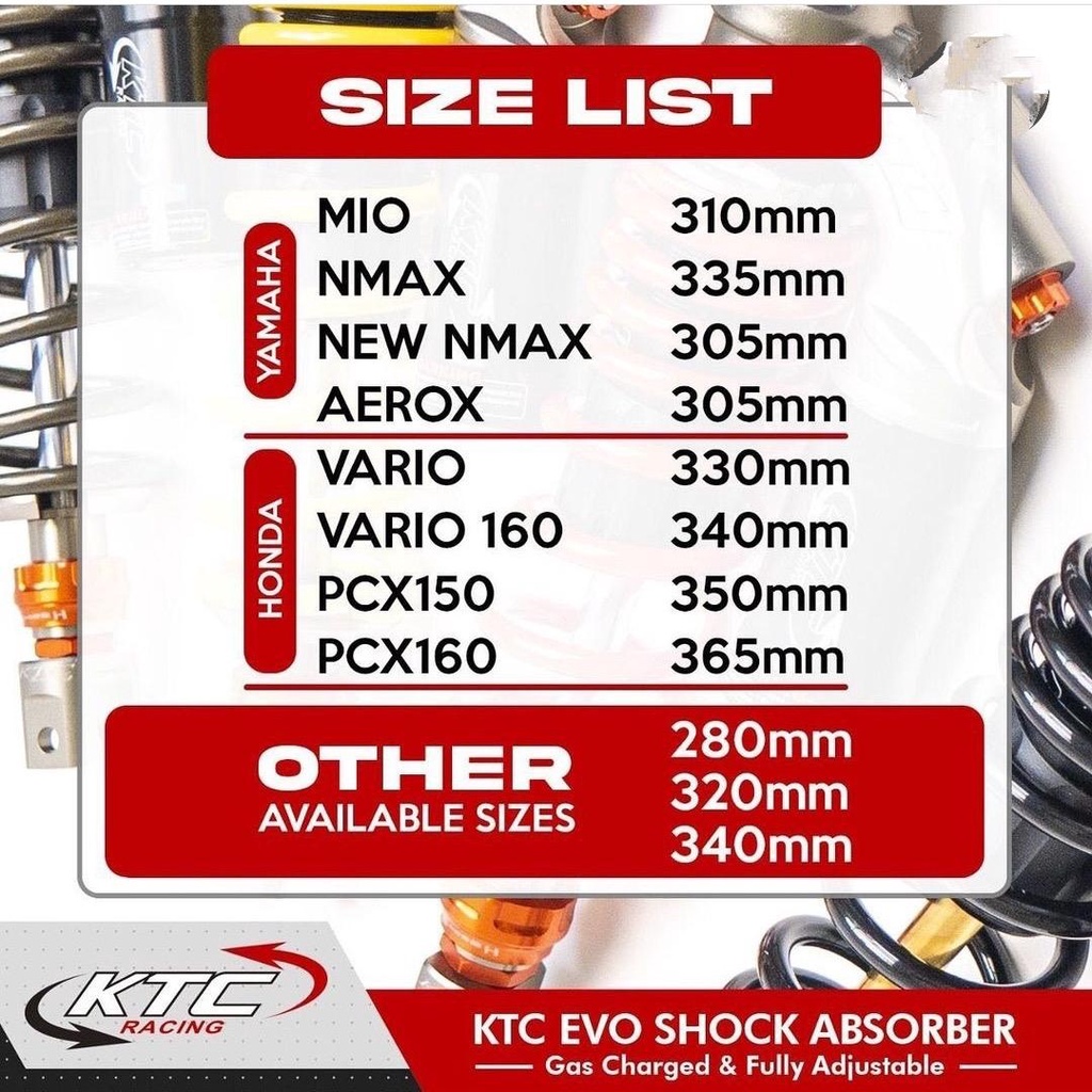 (KTC Racing) Shockbreaker Tabung EVO Original 310mmm &amp; 330mm &amp; 340mm Rebound Click Fungsi , Mio | Beat | Scoopy | Vario 110 125 150 160 | Gear | Xeon | Fazzio | Lexi | Xride | Fino | Genio | Spin | Nex | Soul | Mio S Z J | GT | M3 | Skydrive | Freego