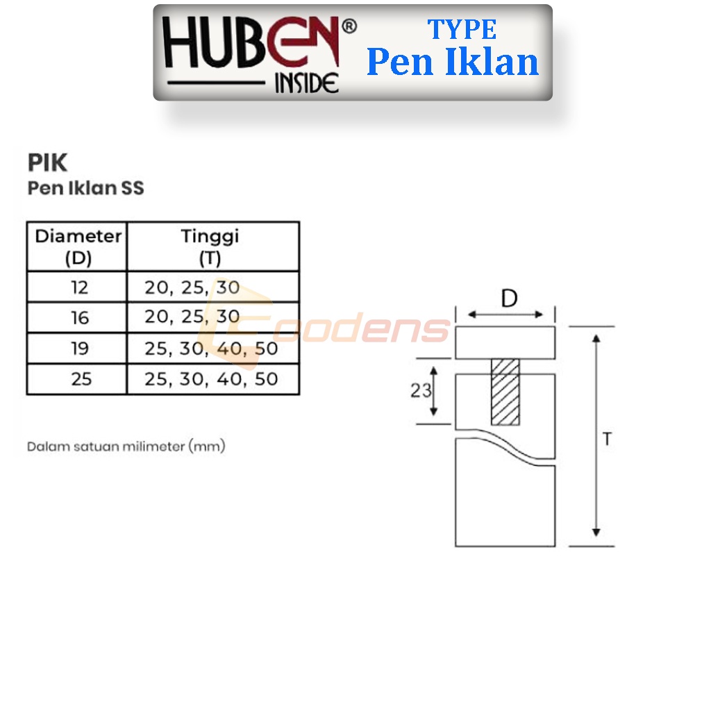 Huben PIK 25-30 Pen Iklan Baut Sekrup Kaca Akrilik Sign Board