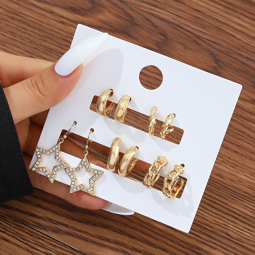 Set Anting Berbentuk C Retro Bintang Berujung Lima Lingkaran Berlian Anting Set