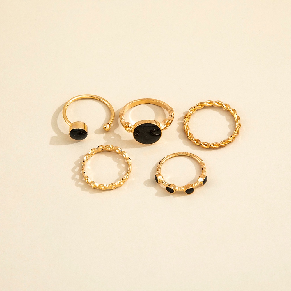 Kasual, Elegan Dan Modis Prancis Retro Geometris Hitam Putaran Minyak Menetes Adonan Goreng Twist Ring Lima Potong Set