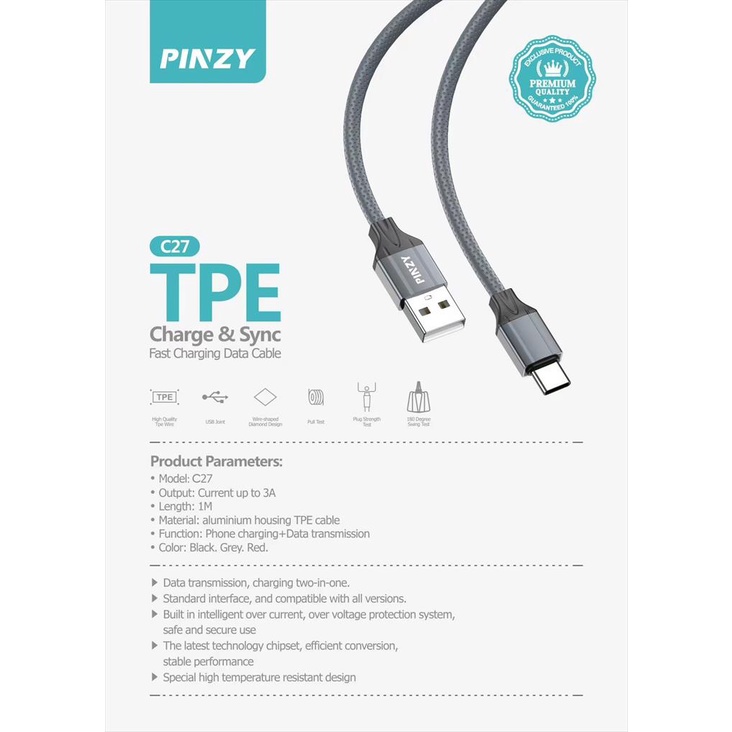 Kabel Data PINZY Seri 27 Material Alumunium TPE Support Fast Charging