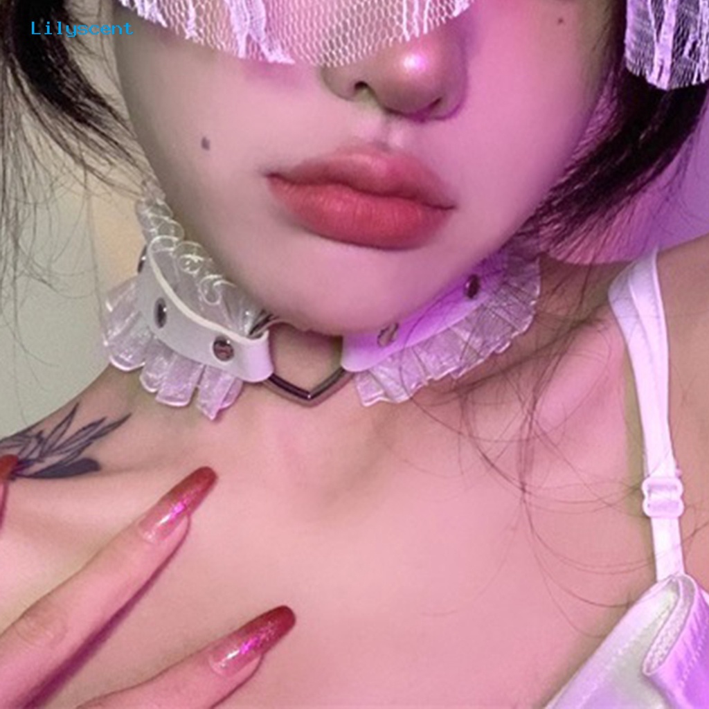 [LS] Wanita Choker Punk Harajuku Ruffle Renda Paku Keling Hadiah Kulit Imitasi Berongga Cinta Hati Gadis Kerah Kalung Pakaian Sehari-Hari