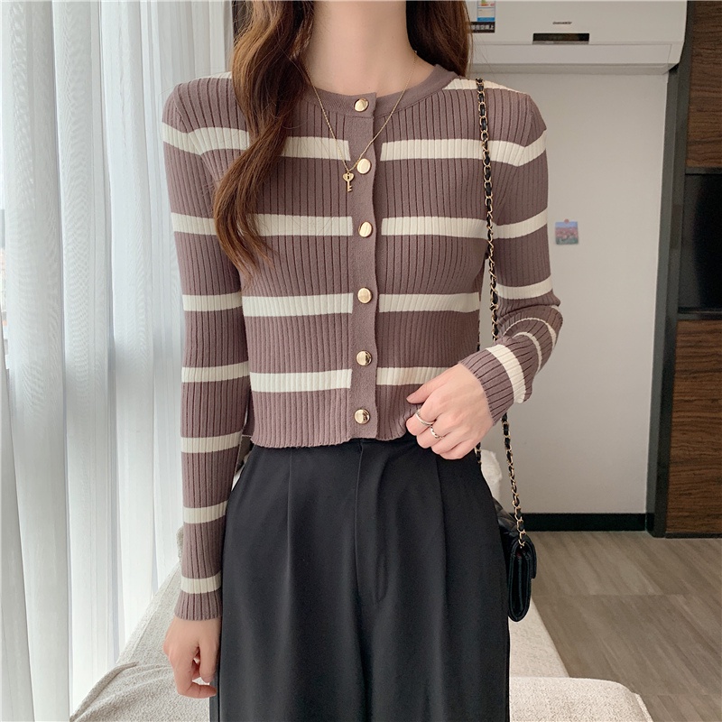 Outerwear Knit Top Stirpe Wanita Lengan Panjang Cardigan Kancing