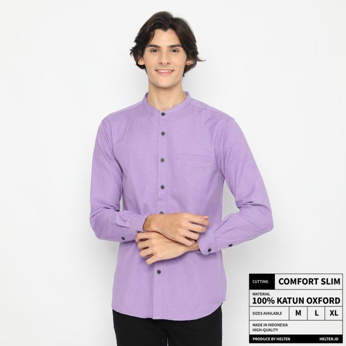 Kemeja Kerah Koko Pria Helten Lengan Panjang Warna Ungu Lilac