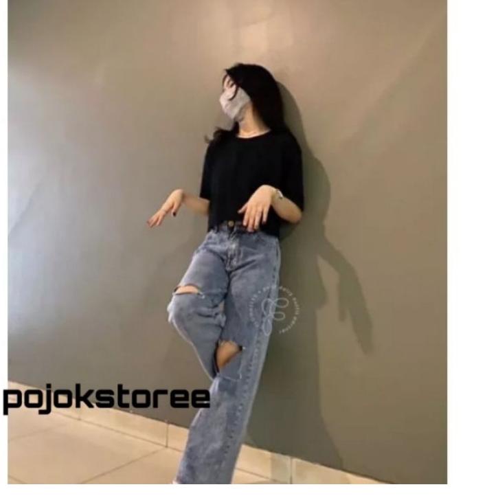 BISA COD HIGHWAIST KULOT JEANS SOBEK LUTUT LOOSE WANITA SNOW JEANS DENIM CELANA KULOT SOBEK BOYFRIEN