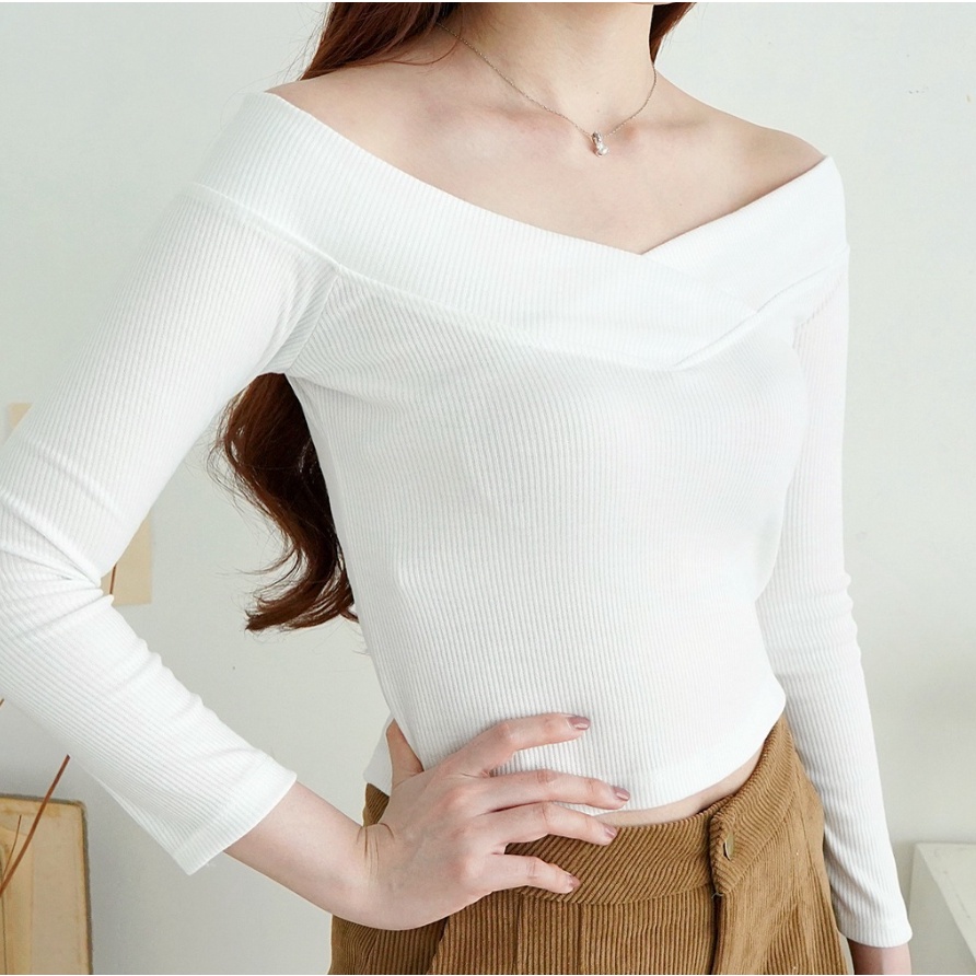 CAVALU Korean Knit Crop Top Sabrina Top Lengan Panjang Longsleeve Crop Top Rajut 255