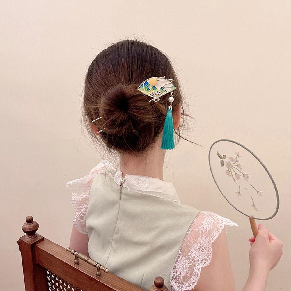 Needway Kipas Rambut Cakar Hiu Klip Elegan Retro Untuk Gadis Rambut Klip Rumbai Ponytail Holder Hiasan Kepala Cheongsam Hiasan Kepala Gaya Cina Rambut Tongkat