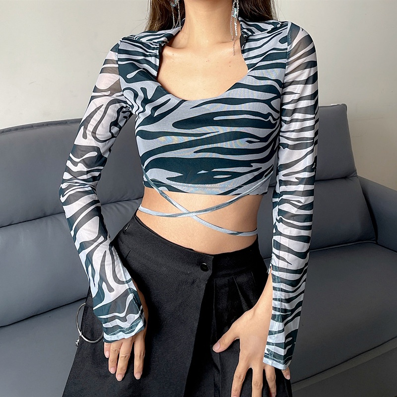 【AMY J】Zebra Print Waist Tie Split T-shirt  7523