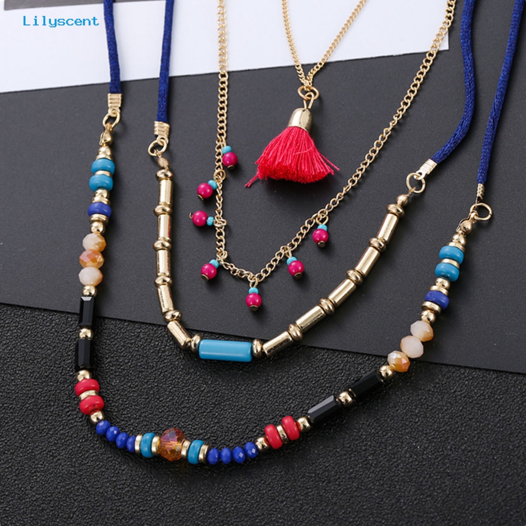 [LS] Kalung Wanita Rumbai Liontin Manik-Manik Perhiasan Multilayer Kalung Warna-Warni Untuk Liburan