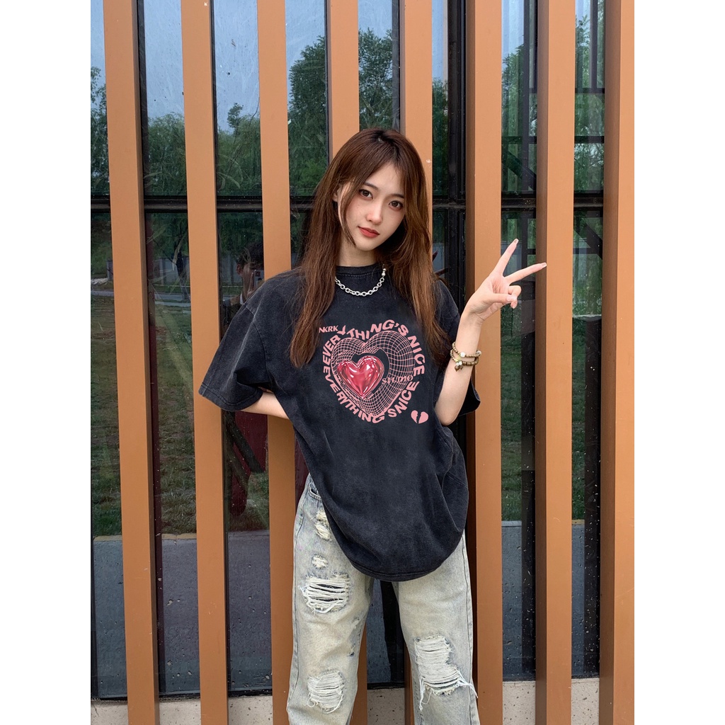 EUNII T-shirt Lengan Pendek Black Washed Retro Pink Graffiti Heart Printing Korean Style/Kaos Atasan Wanita/Baju Wanita/Kaos Wanita