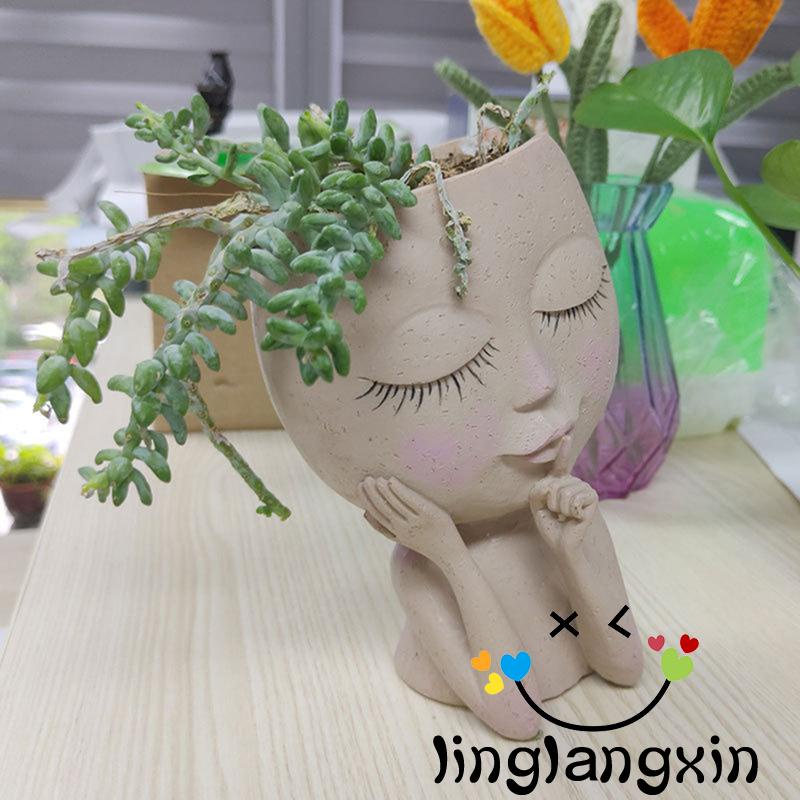 Llx-wajah Gadis Lucu Ornamen Holder Pot Bunga Resin Untuk Taman Rumah Kantor Desktop