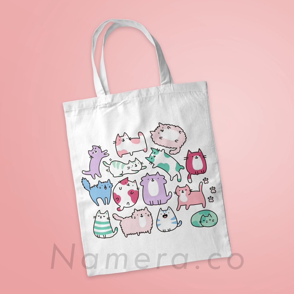 Tote Bag Resleting Kanvas Premium Fashion Tas Totebag Wanita Cats Cute Kucing Cartoon Art