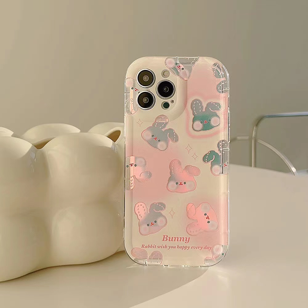 IPHONE Ins Pola Kelinci Cocok Untuk Iphone14 14pro 14plus 13 13mini 13pro 13prm iPhone12 7Plus 8Plus Xr XS 13 12mini Pro Max Empat Sudut Casing Ponsel Transparan Tahan Guncangan