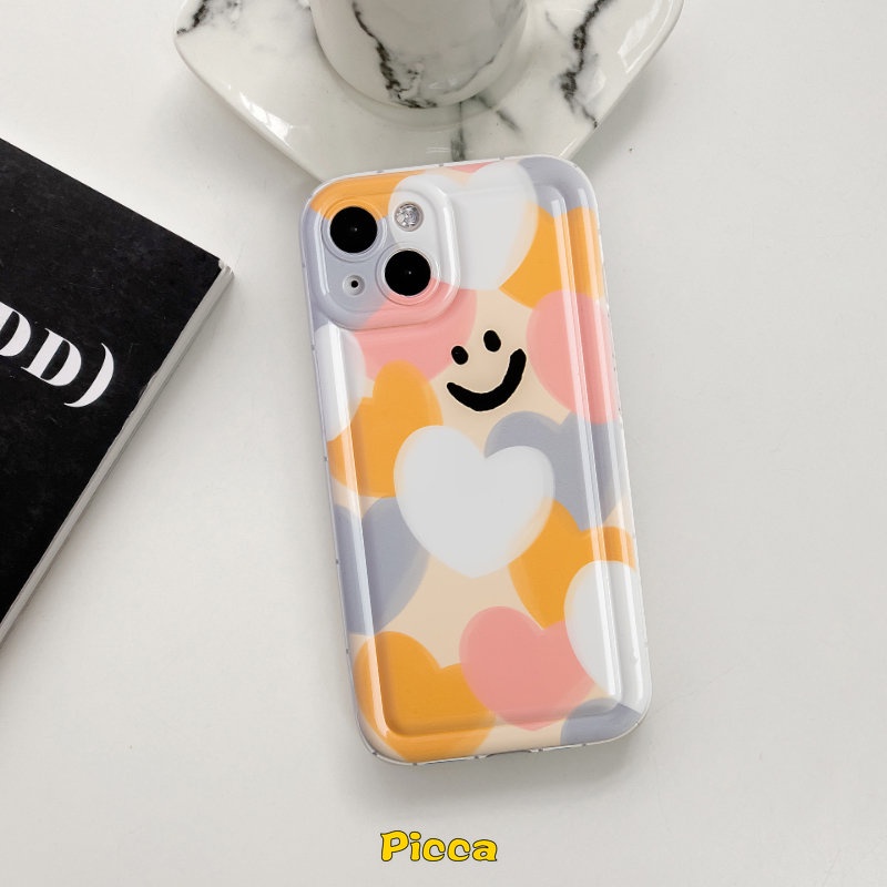 IPHONE Kartun Lucu Smiley Case Kompatibel Untuk Iphone14 11 13 12 Pro MAX XR 6 6S 7 8 Plus X XS MAX Warna-Warni Cinta Hati Lembut TPU Shockproof Airbag Pelindung Kamera Silicon Back Cover