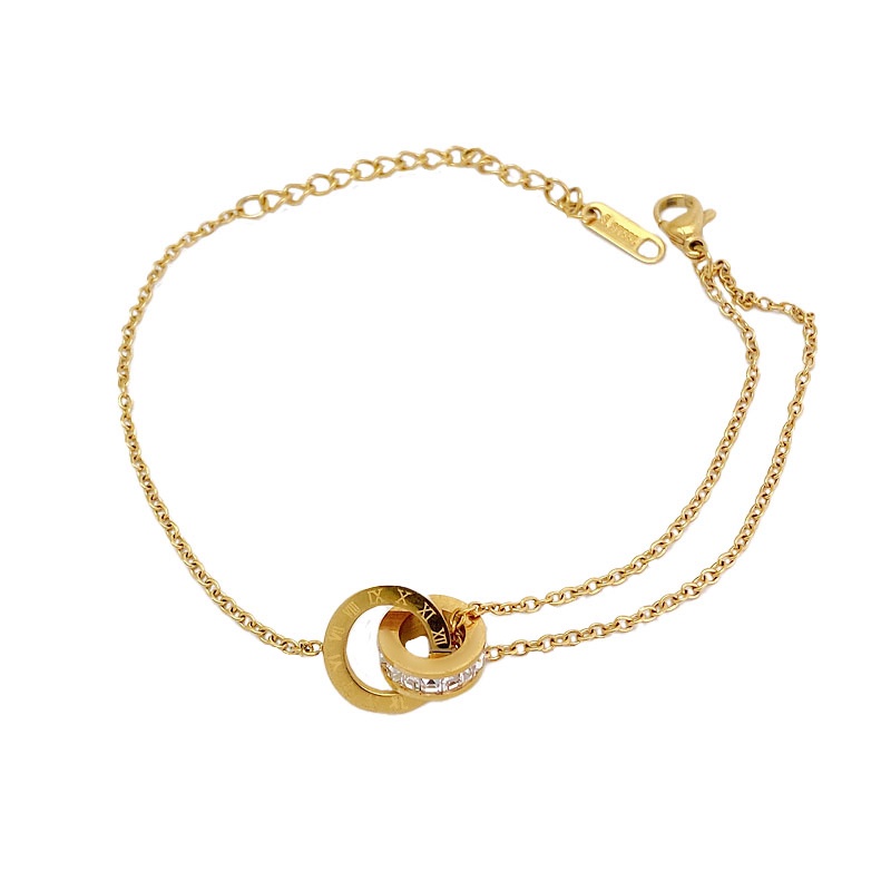 Gelang titanium steel Emas 18K Anti Karat Tidak Luntur Wanita Zirkon vintage Angka Romawi Aksesori