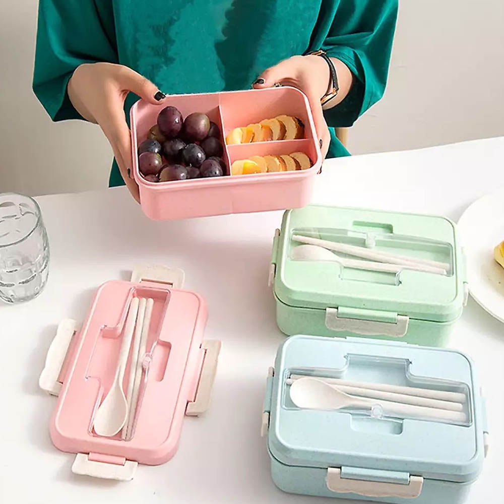 Tempat Makan Set Kotak Makan Bekal Lengkap Dengan odel Minimalis Tiga Sekat - Lunch Box Alat Makan Sendok Sumpit M Kotak TM232