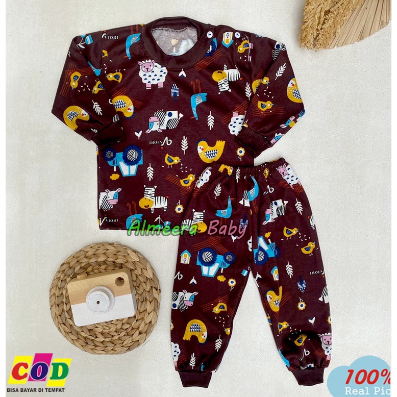 Setelan Baju Bayi Piyama Bayi Lengan Panjang Kancing Pundak Motif Printing Hewan Usia 3-12 Bulan Almeera Baby and Kids