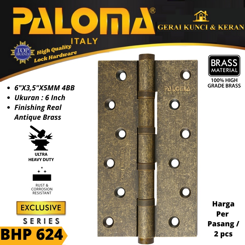 PALOMA BHP 624  BUTT HINGE ENGSEL PINTU BRASS 6&quot;X3.5&quot;X5MM 4 BB RAB ANTIK