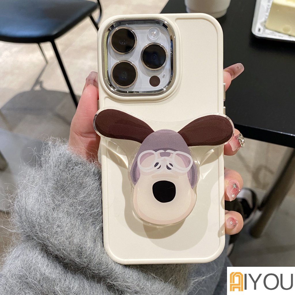 IPHONE Luxury Plating Metal Lens Ptotector Silikon Halus Casing Ponsel Kompatibel Untuk Iphone14 13 12 11 Pro Max Ultra Slim Shockproof Lembut TPU Penutup Belakang Dengan Holder Anjing/Kupu-Kupu/Kucing