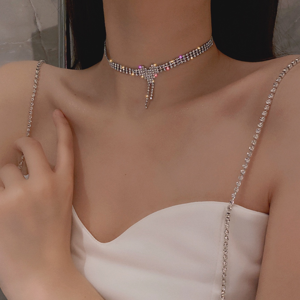 YEEZII Fashion Hati Jumbai Kalung Rantai Klavikula Kristal Perak Choker Untuk Aksesoris Perhiasan Wanita