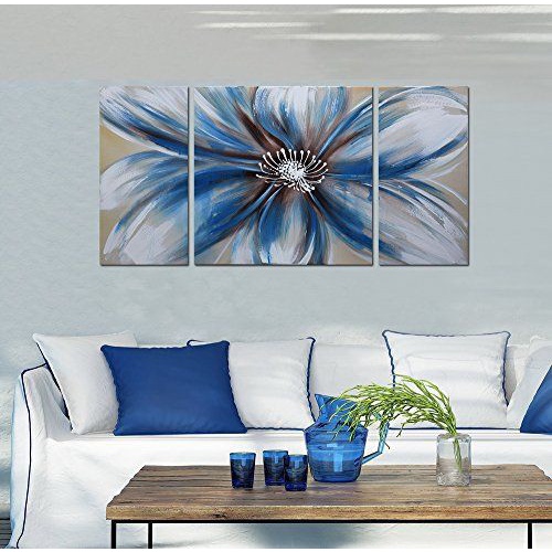 Lukisan bunga aksen biru panel nature 3pcs + frame modern simple lukisan dinding kanvas minimalis mo