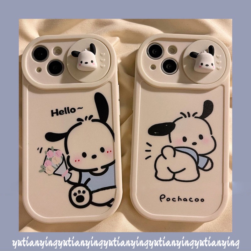 IPHONE Pasangan Lucu Pochacco Case Kompatibel Untuk Iphone11 13 12 Pro MAX Xr7 8 Plus X XS MAX Lembut TPU Kartun 3D Boneka Push Pull Jendela Penutup Perlindungan Lensa Kamera