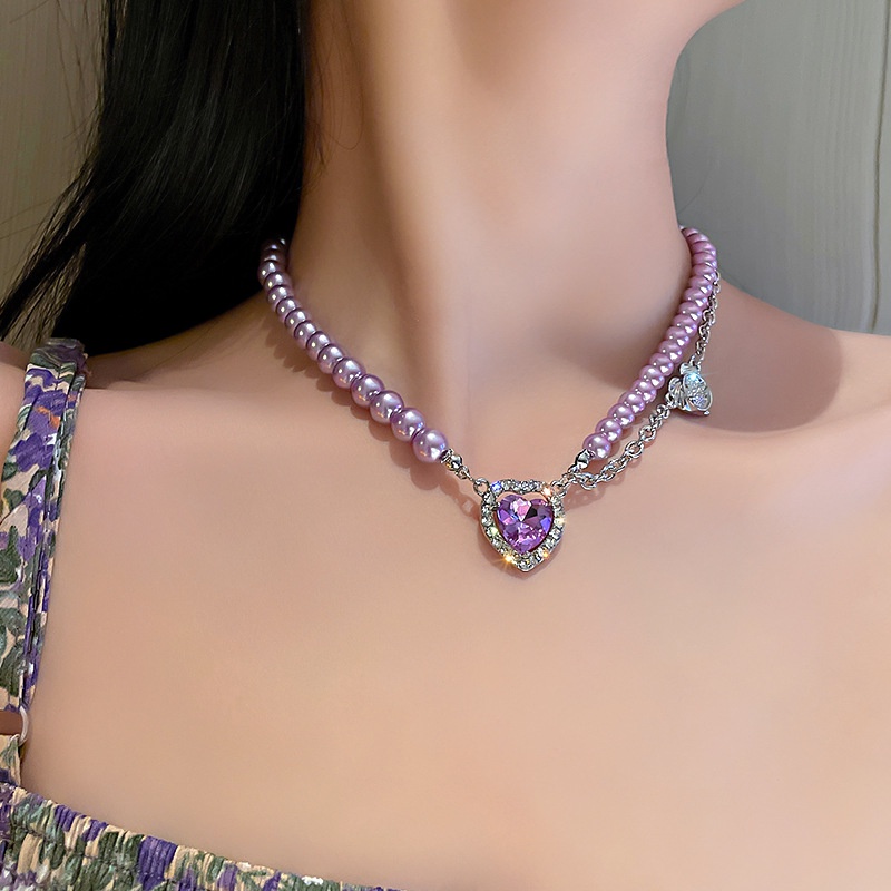 Cinta Amethyst Kalung Klavikula Mutiara Elegan Aksesoris Desain Wanita