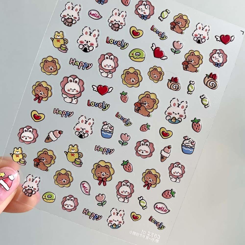 MXBEAUTY Kartun Stiker Kuku Wanita Fashion Manicure Aksesoris Bunga Perekat Diri Beruang Stiker Kuku
