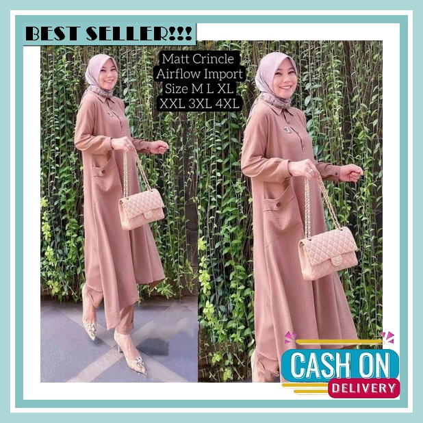 Eira One Set / Setelan Wanita Muslim Terbaru Bahan Crinkle Airflow / Pakaian Set Cewek Dewasa Kekini