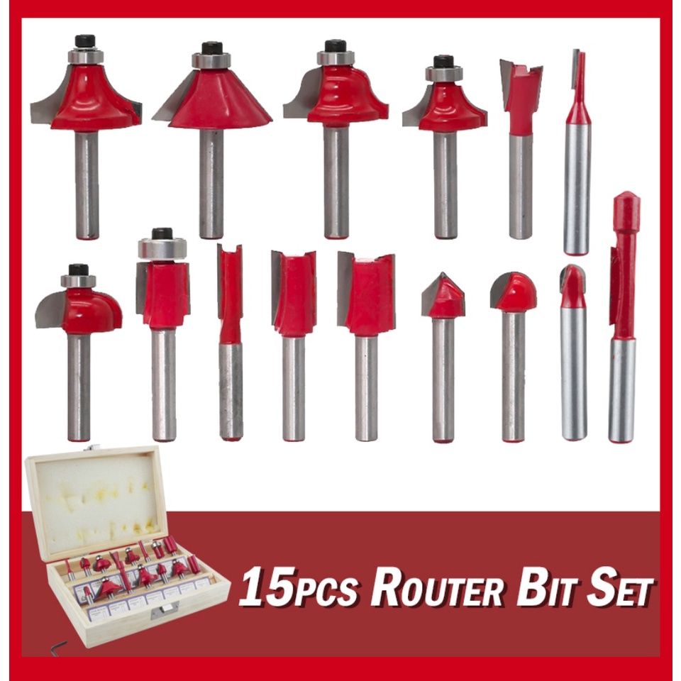Mata Mesin Profil Router Bit Set 15 Pcs 1/4&quot; Untuk Membentuk Kayu Free Box Kayu -270401
