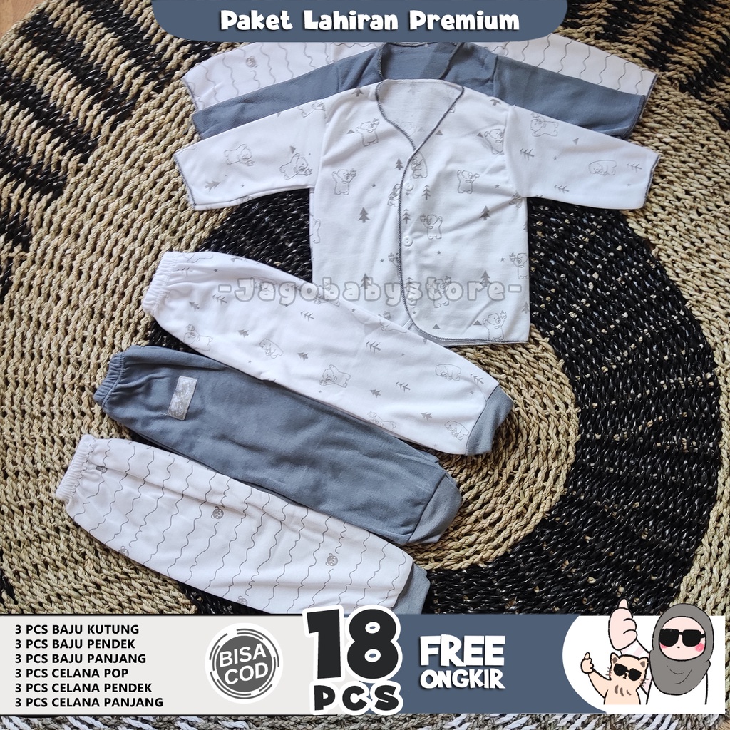 18 Pcs Baju Bayi Newborn Paket Lahiran Premium Motif Abu Abu