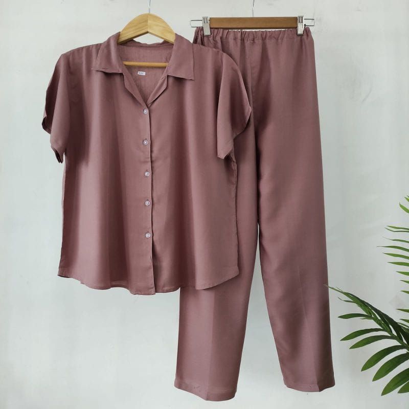 PIYAMA RAYON KANCING / PAJAMAS POLOS / BAJU TIDUR WANITA / ONE SET